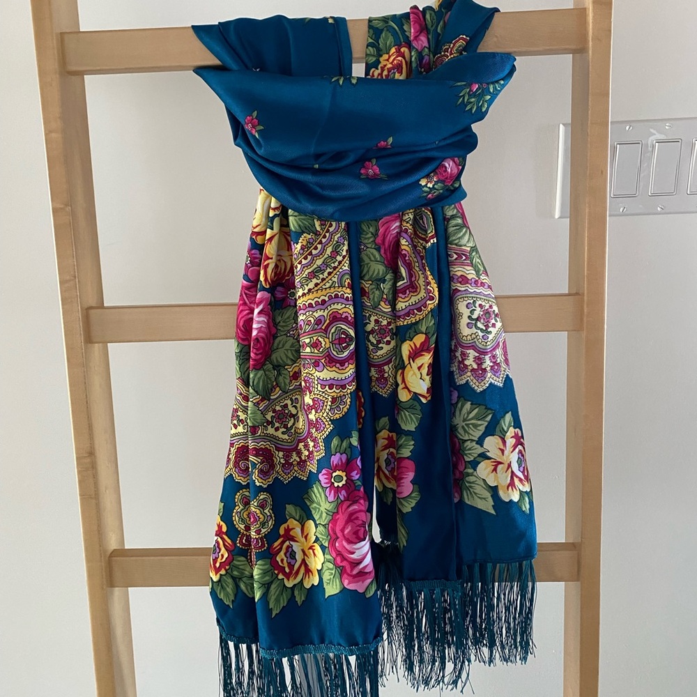 Floral spring scarf oversized. With floral print in turquoise with 5 inch Fringe
